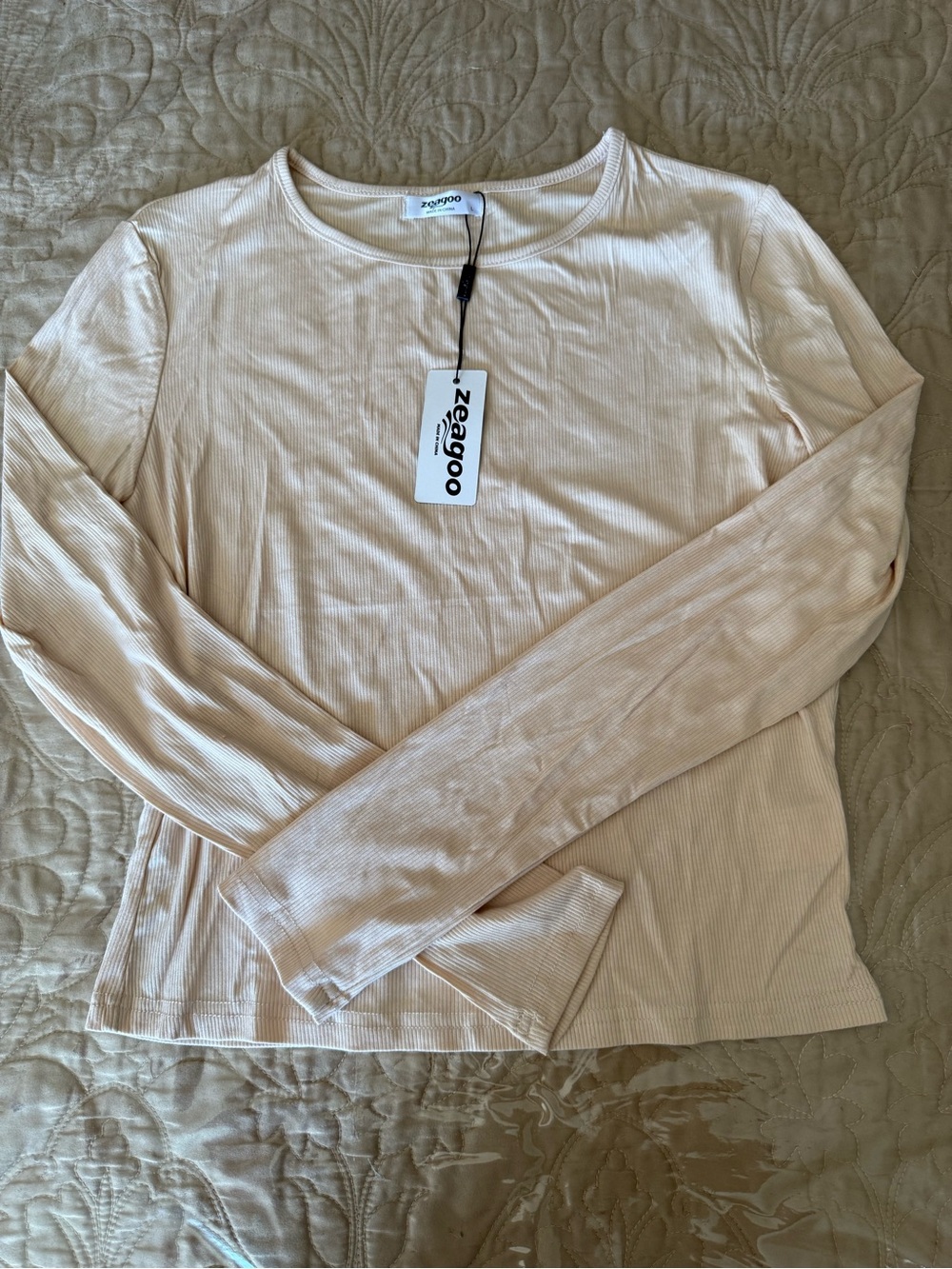 zeagoo Long Sleeve Ribbed Crewneck Top - Light Beige
